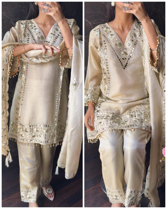 Gotta mirror Premium Crepe Tissue Farshi Suit – Ivory