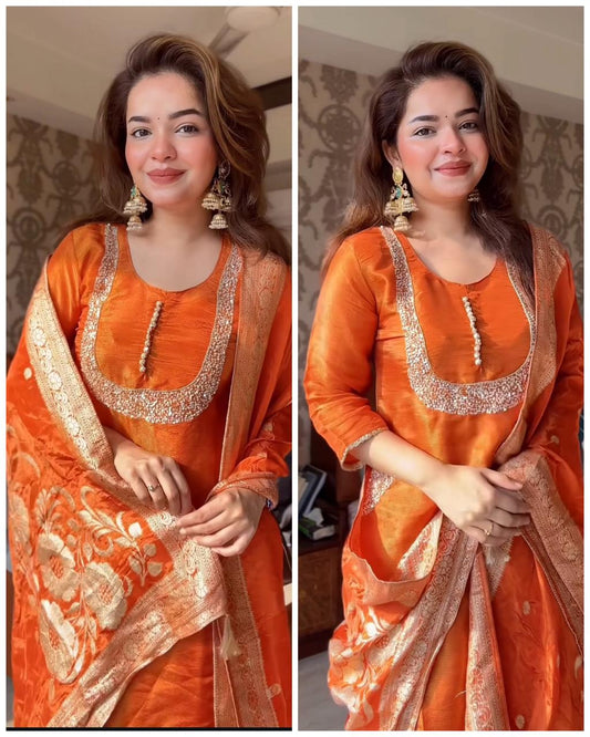 Premium Shimmer Tissue Pocket Fit Suit-Rust Orange