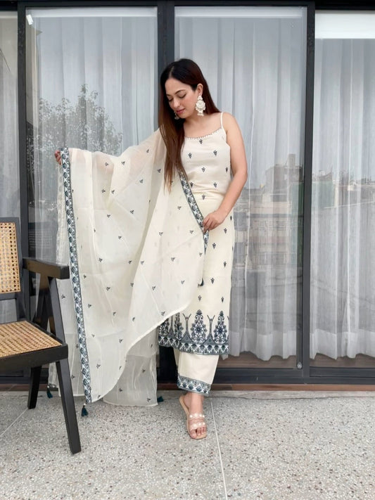 ELEGANT IVORY WHITE WITH BLUE EMBROIDERED KURTA PANT SET