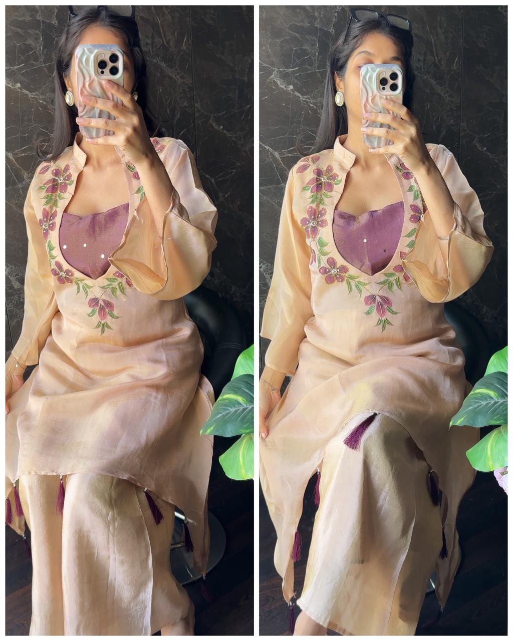Premium Tissue Organza 3 Piece Coord with Bustier – Chickoo