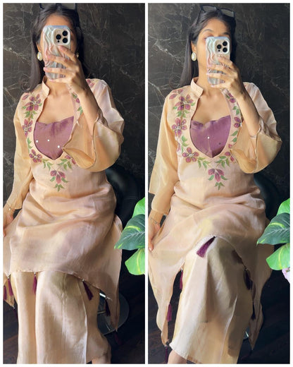 Premium Tissue Organza 3 Piece Coord with Bustier – Chickoo