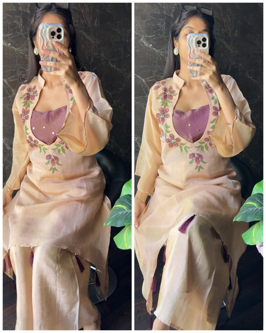 Premium Tissue Organza 3 Piece Coord with Bustier – Chickoo