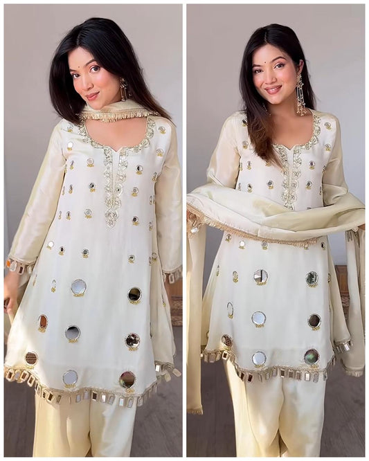 Boho Farsi Mirror Work Tissue Shimmer Suit – Ivory