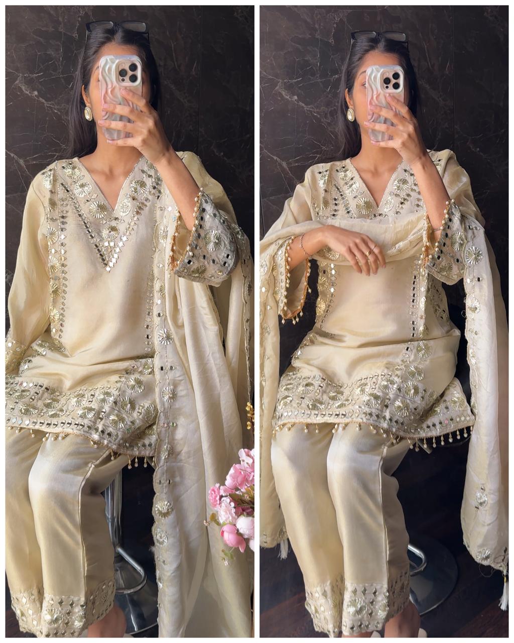 Gotta mirror Premium Crepe Tissue Farshi Suit – Ivory