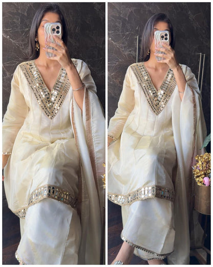 Premium Pure Tissue Mirror work Flared Bottom set
