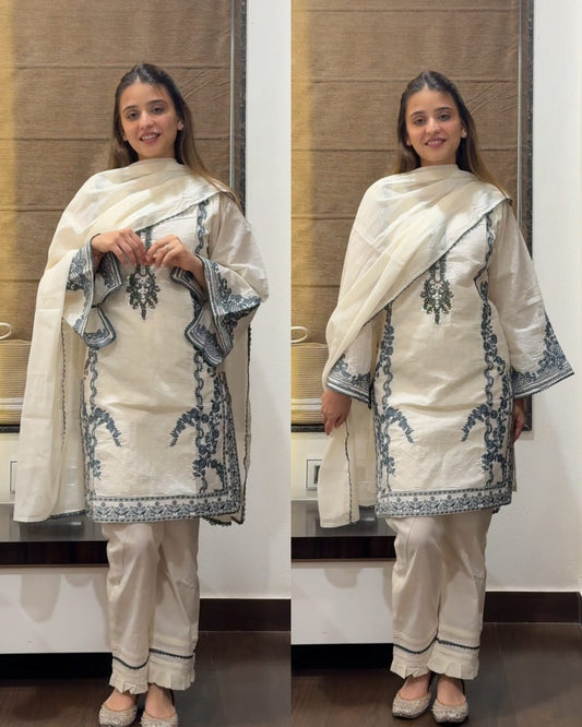 Premium Kora Cotton Short Pakistani Suit-Grey embroidery