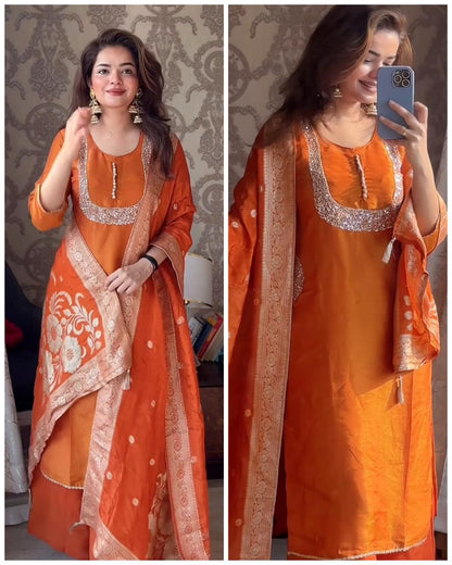 Premium Shimmer Tissue Pocket Fit Suit-Rust Orange