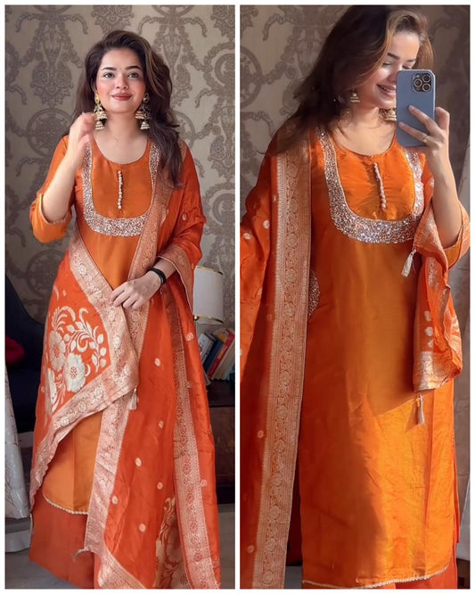 Premium Shimmer Tissue Pocket Fit Suit-Rust Orange