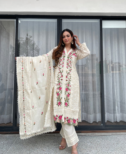 Premium Kora Cotton Embroidered lvory Suit