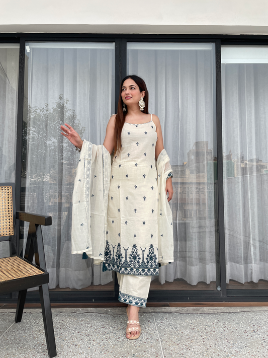 ELEGANT IVORY WHITE WITH BLUE EMBROIDERED KURTA PANT SET