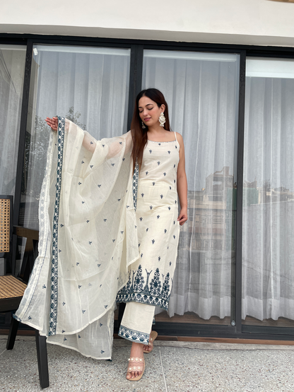 ELEGANT IVORY WHITE WITH BLUE EMBROIDERED KURTA PANT SET